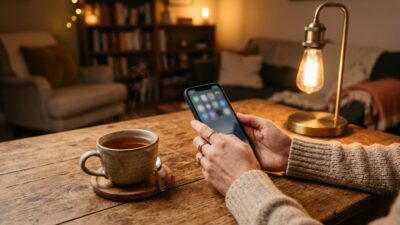 Предприниматель вечером разбирает задачи в чате с AI-ассистентом в смартфоне